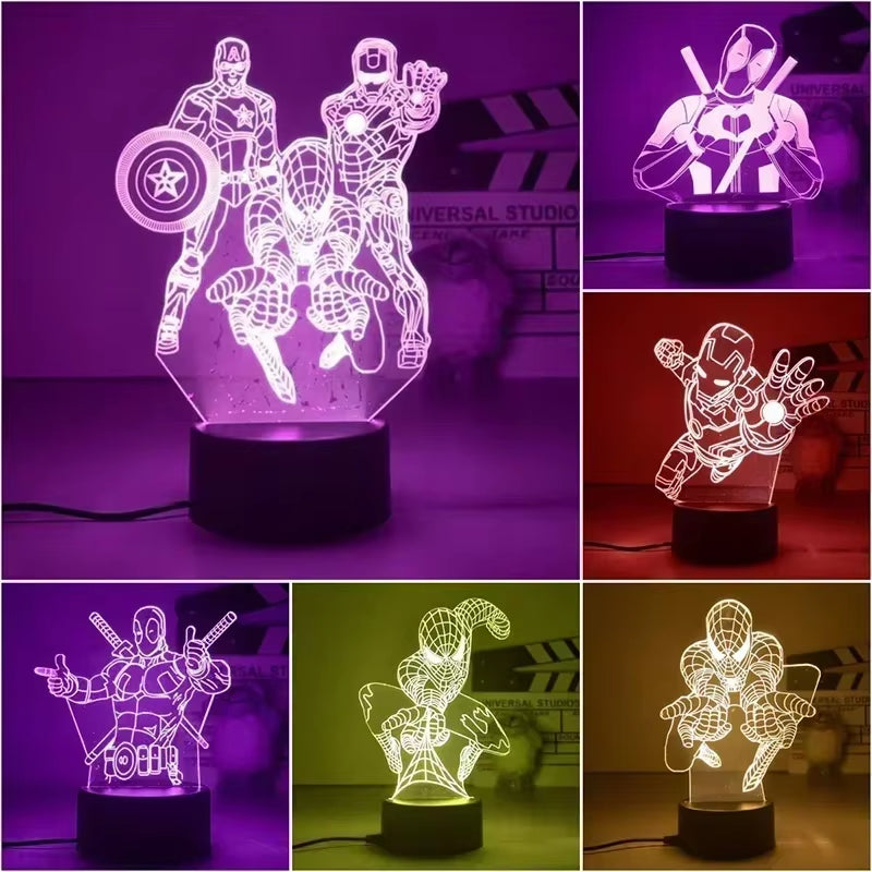 Disney Marvel Spiderman Ironman Deadpool Captain America Action Figure Toys 3D Night Light the Avengers Table Lamp Birthday Gift